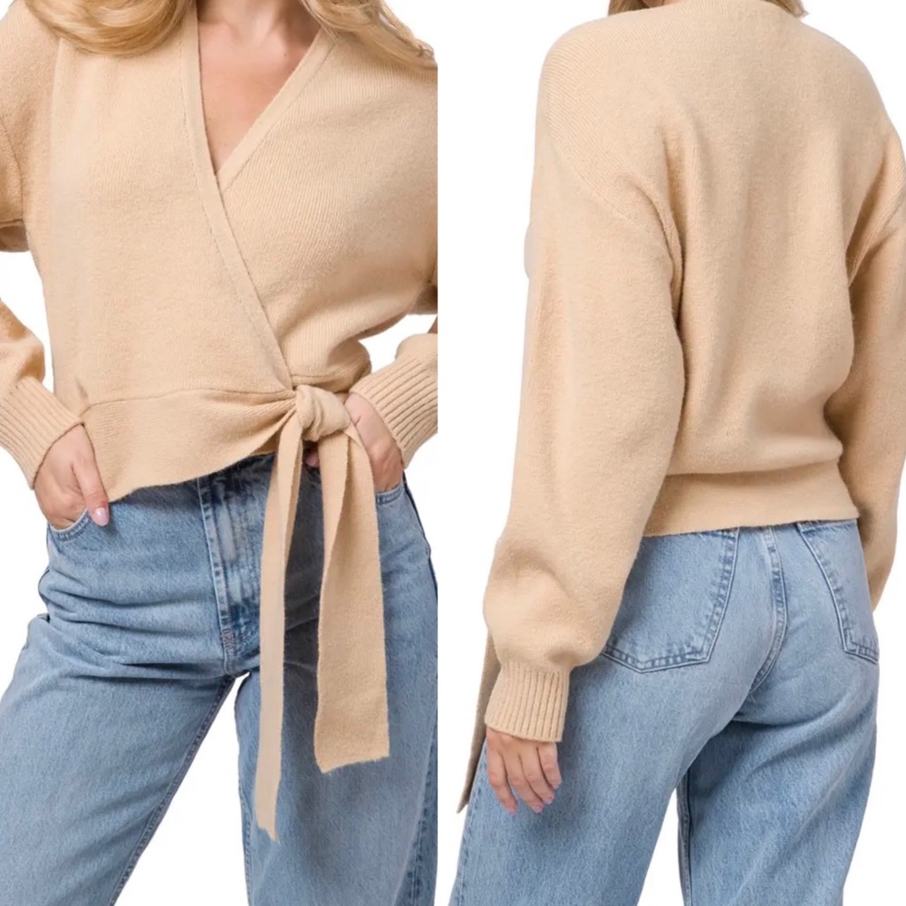 NWT Dave’s Side Tie Wrap Knit Cardigan Sweater Camel Beige V Neck Size M…